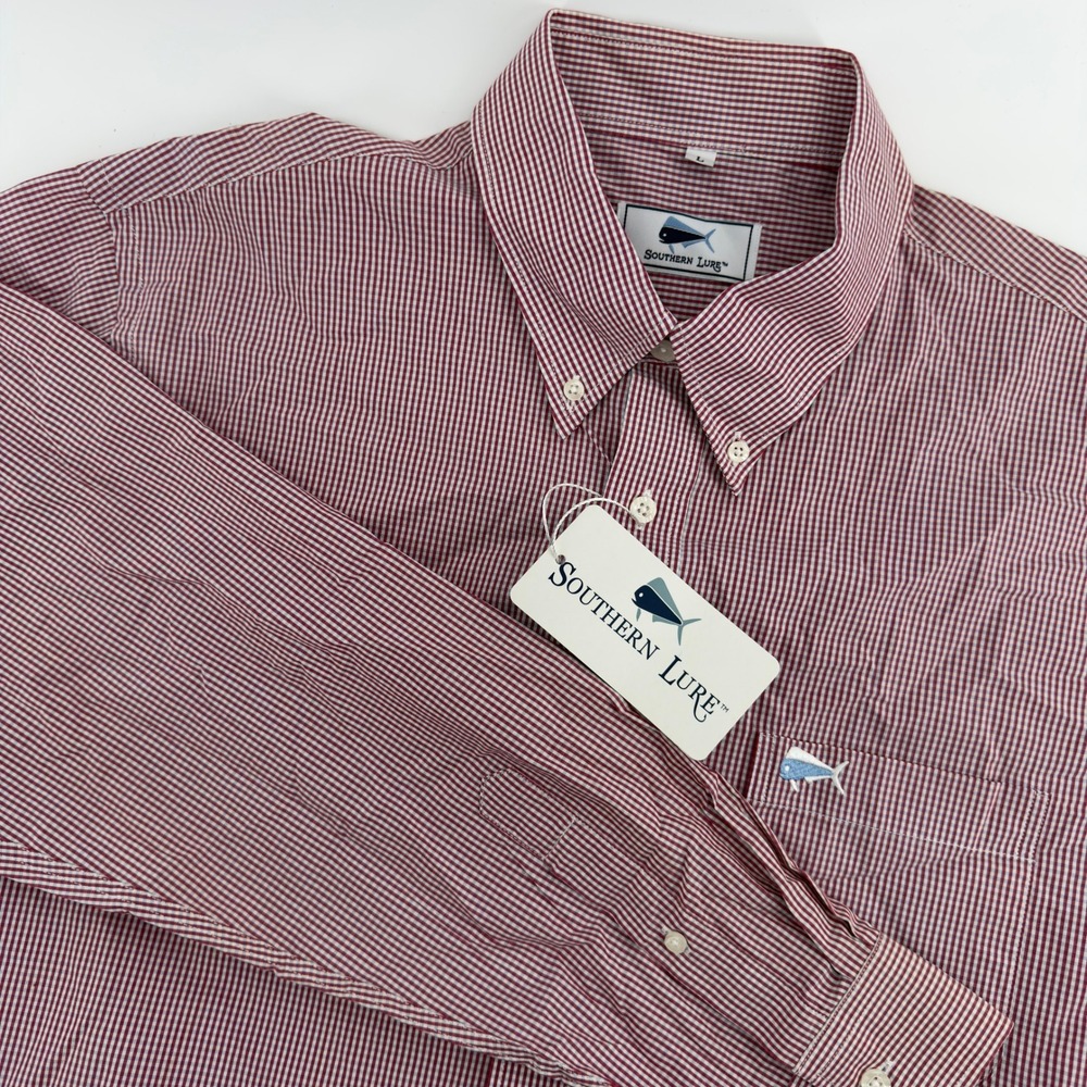 NEW Southern Lure Mens Gingham Button Down Shirt Red White Long Sleeve Large
